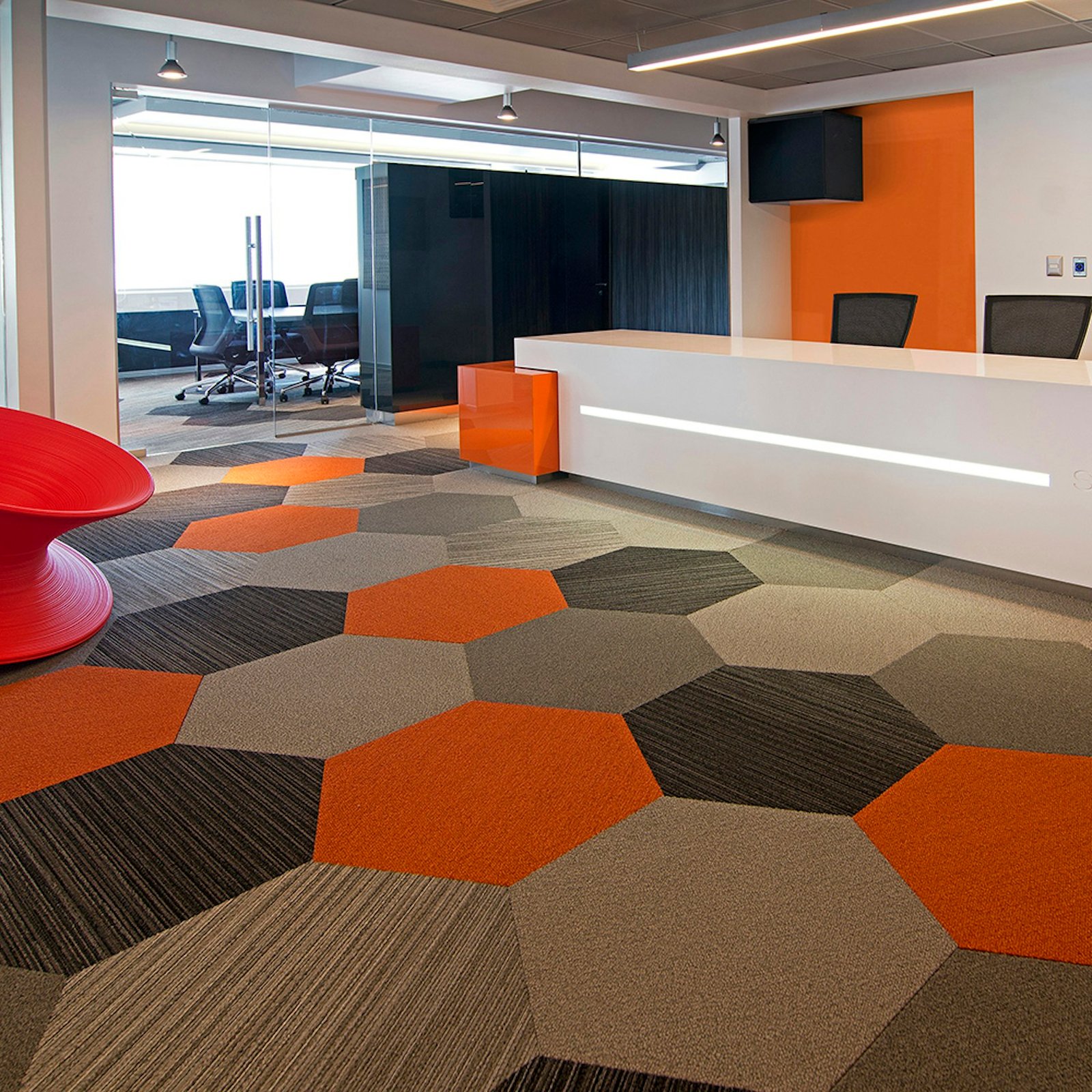 Office Carpet - Slider Image 1 (Orange Black Grey Hexagone)